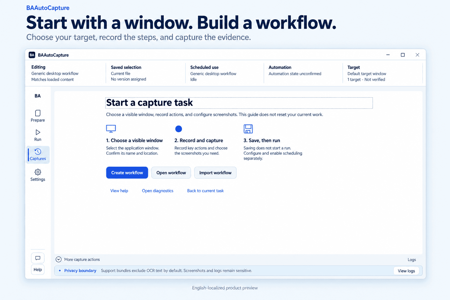 BAAutoCapture quick-start guide for choosing a window, recording actions and saving a workflow