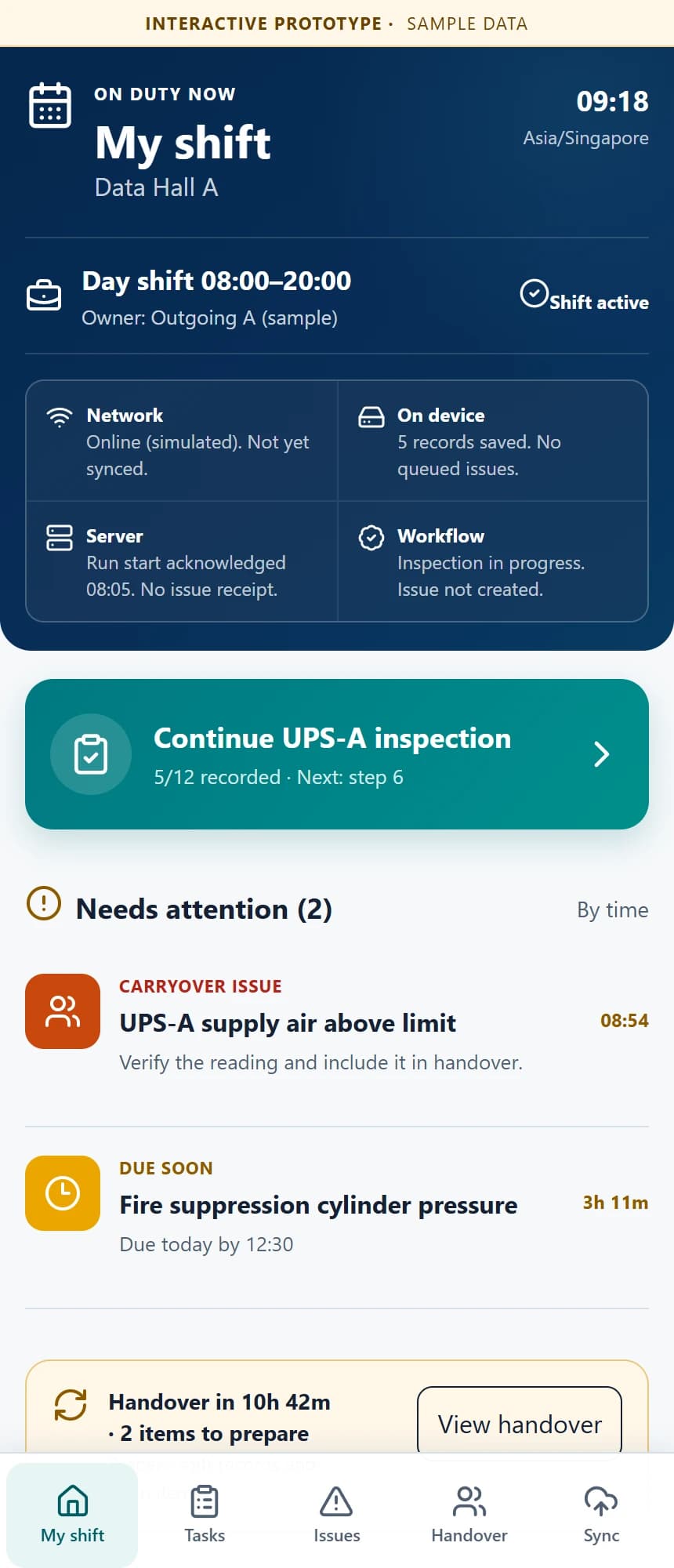 DutySpan mobile current-shift prototype showing inspection progress and tasks needing attention